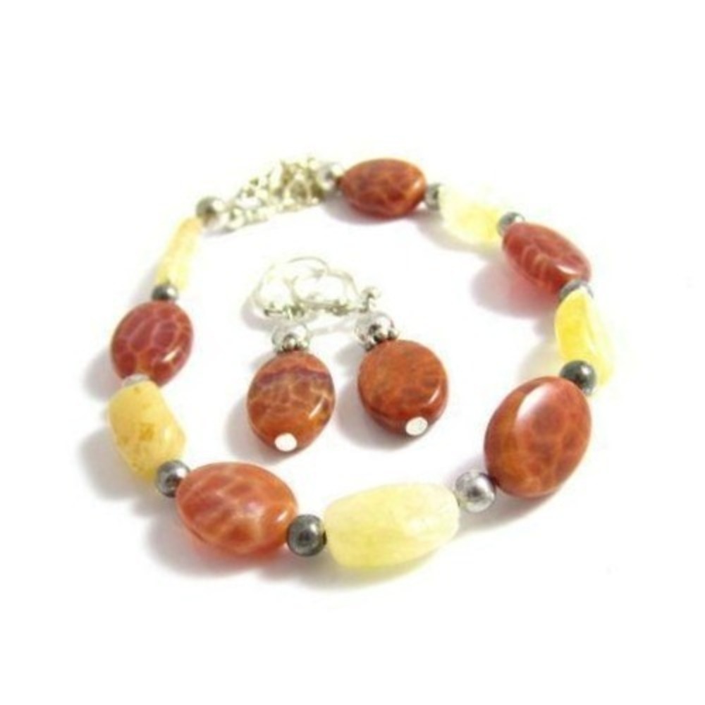 Pretty Amber & Pale Yellow Agate Gemstones Bracelet & Earring Artisan Set‎